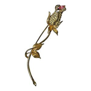 Vintage Signed FRANCOIS Long stem Rhinestone Flower Brooch Pink Gold-tone READ